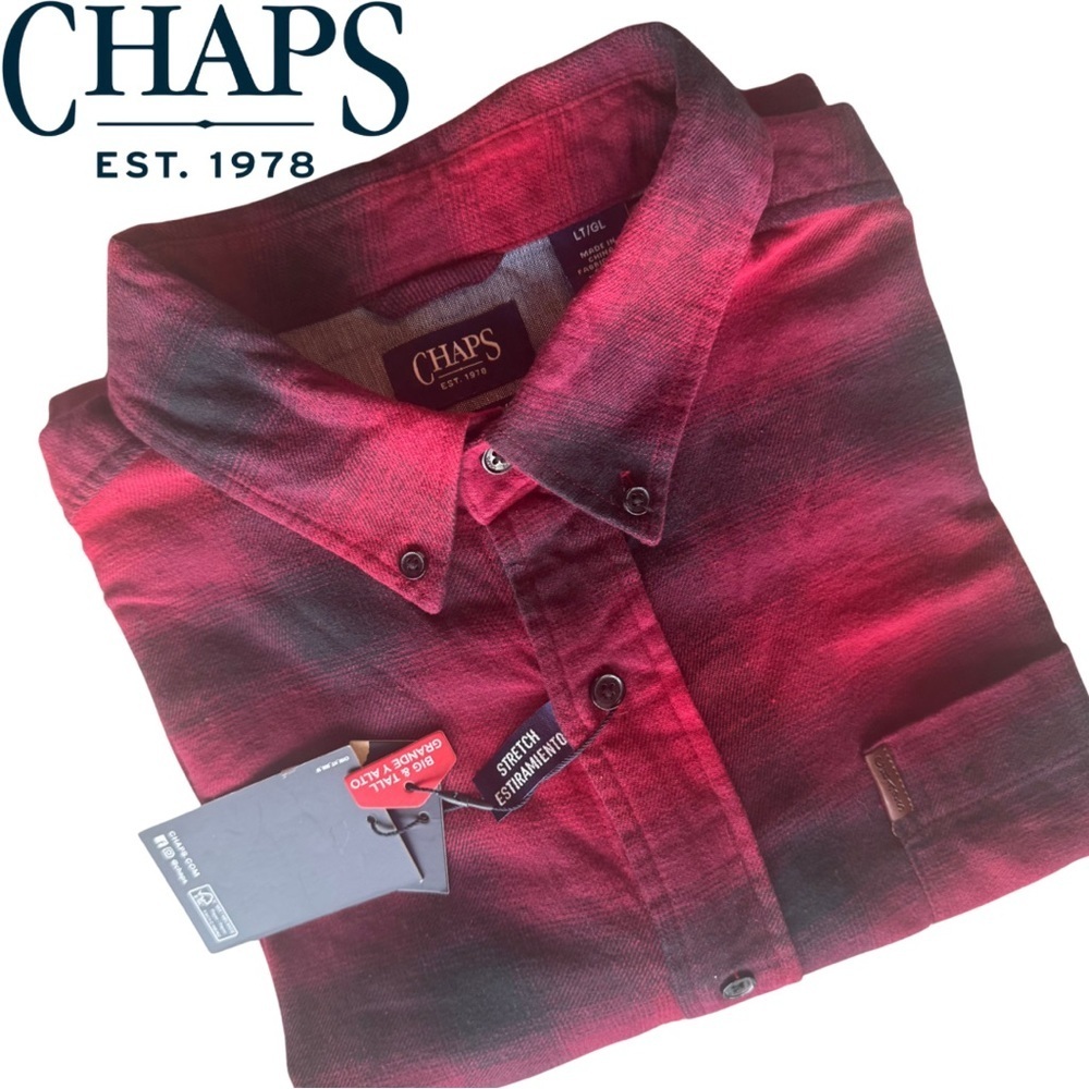Chaps Flannel Red Black Plaid Large Tall Button Down Shirt cotton stretch - Picture 5 of 14